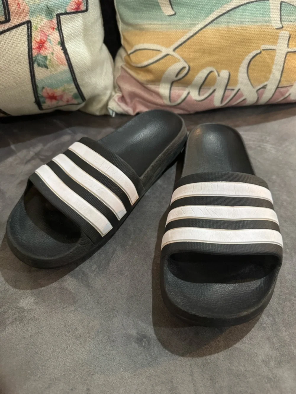 adidas Adilette Aqua Black Slide Sandals with White Stripe Accents - Picture 5 of 7